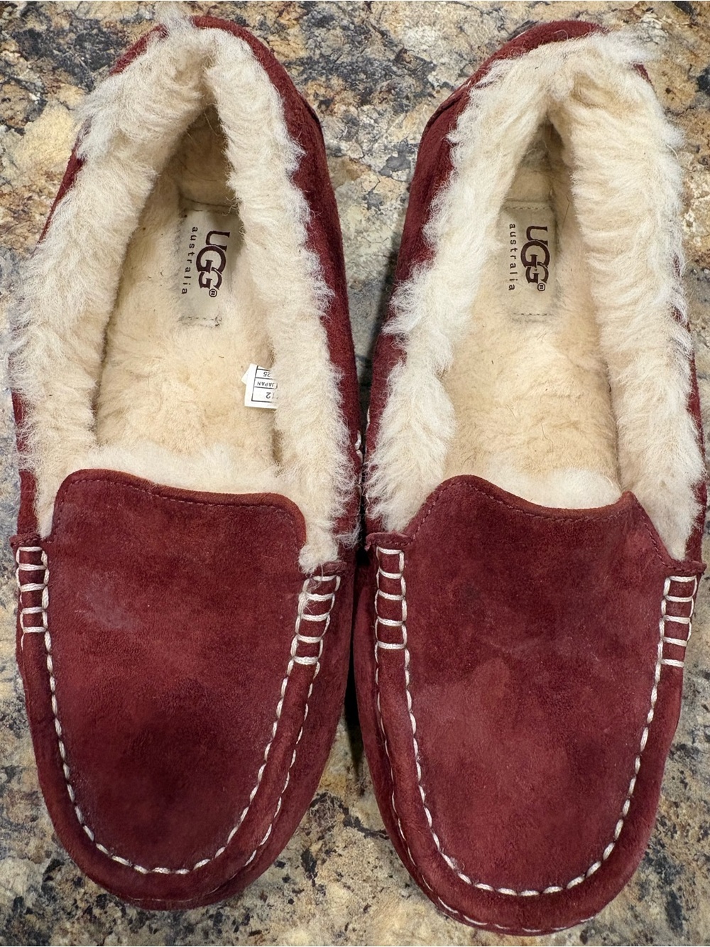 UGG Burgundy Suede Shearling-Lined Moccasin Slippers